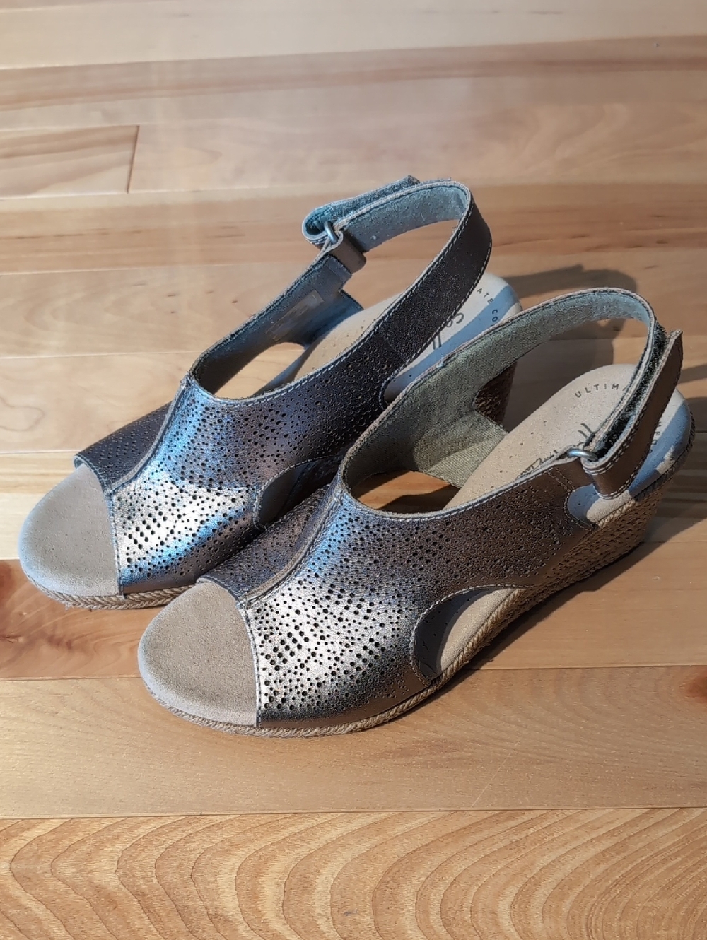 Clarks Silver Perforated Slingback Wedge Sandals